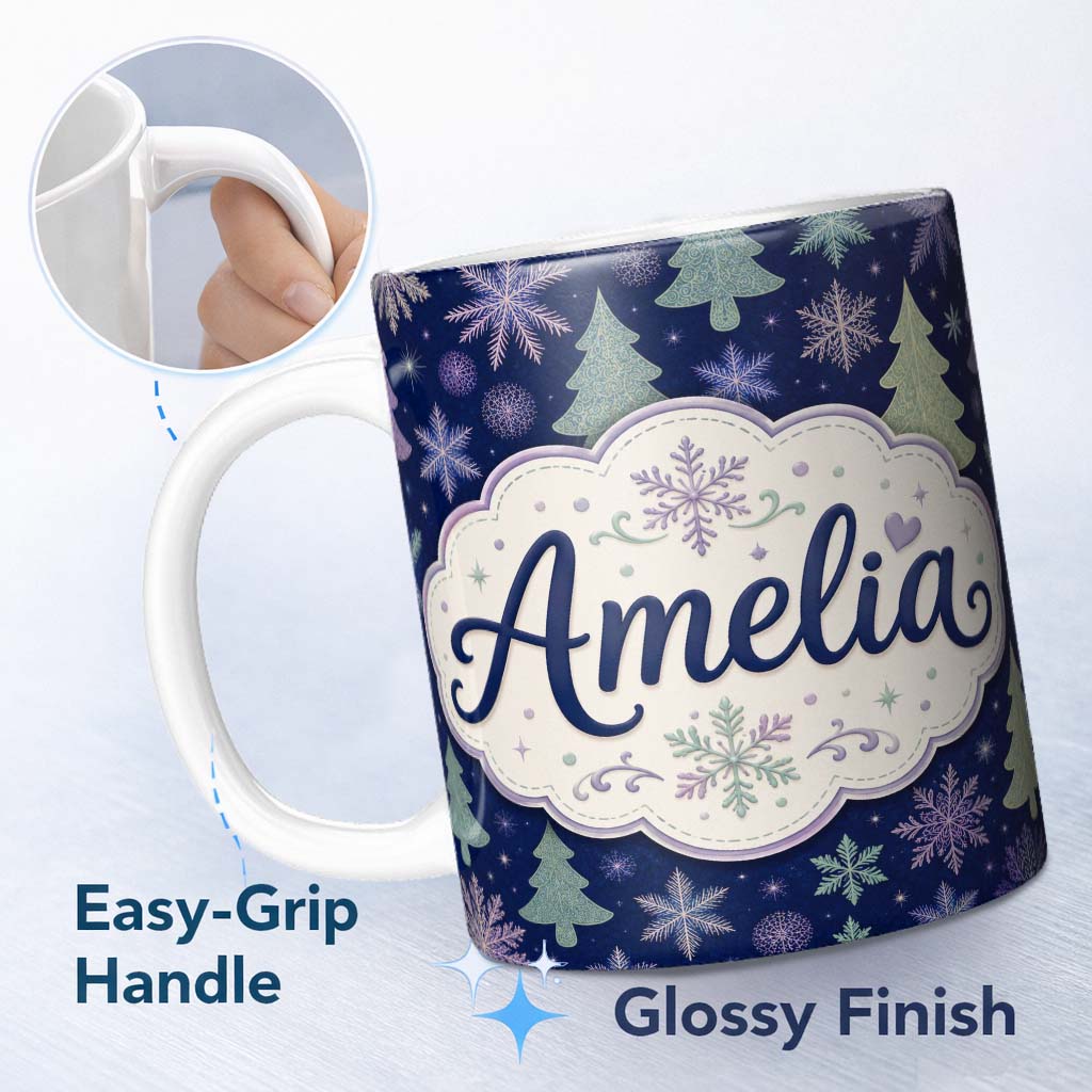 Personalized Custom Name Elegant Winter Snowflakes and Christmas Trees Dark Blue Seamless 11oz Ceramic Coffee Tea Mug White Large Handle