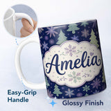 Personalized Custom Name Elegant Winter Snowflakes and Christmas Trees Dark Blue Seamless 11oz Ceramic Coffee Tea Mug White Large Handle