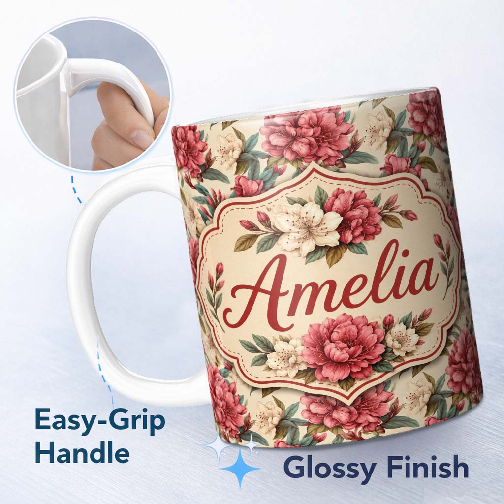 Personalized Custom Name Red and Cream Botanical Flower Garden Seamless Pattern Lovely 11oz Ceramic Coffee Tea Mug White Large Handle