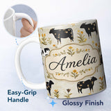 Personalized Custom Name Rustic Cow Silhouette with Floral Meadow Seamless Pattern Lovely 11oz Ceramic Coffee Tea Mug White Large Handle