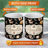 Personalized Custom Name Forest Animals Bear Deer Fox Owl Raccoon on Deep Black Seamless 11oz Ceramic Coffee Tea Mug White Large Handle