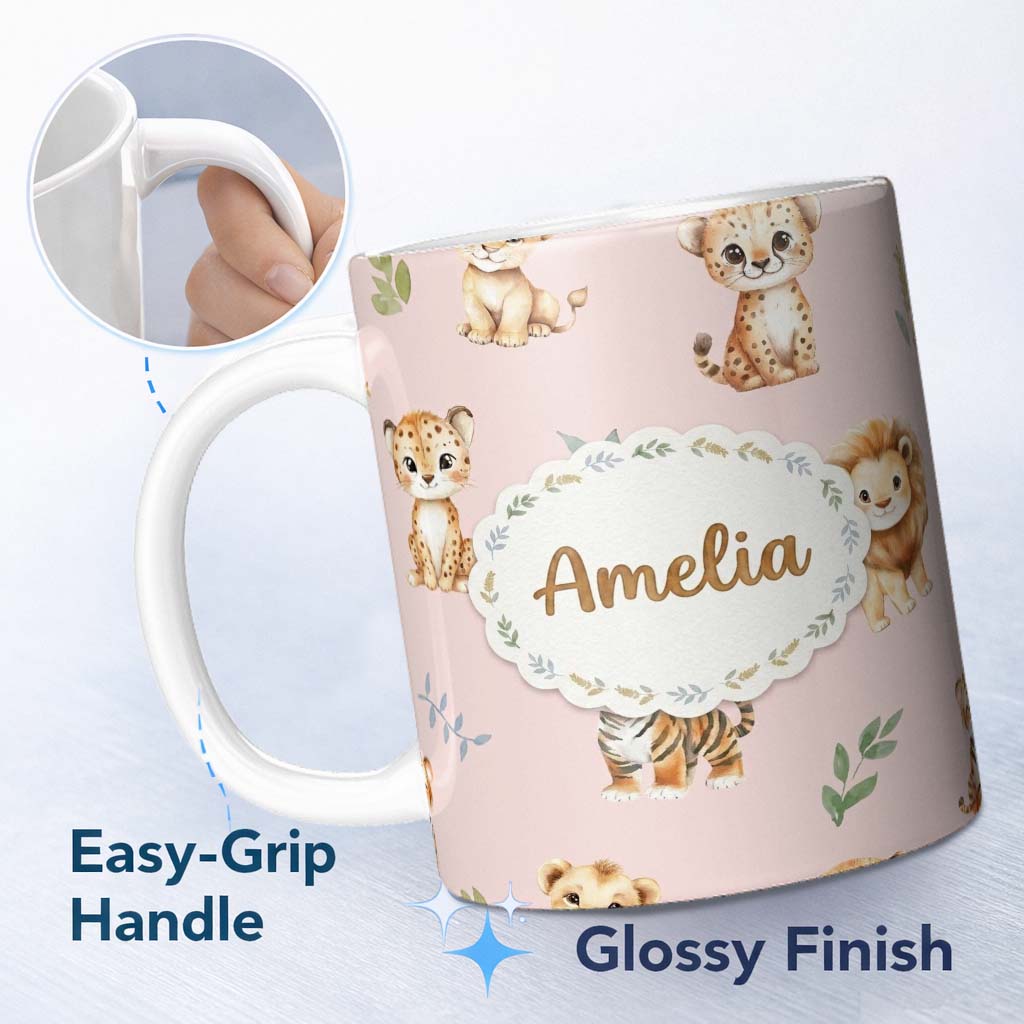 Personalized Custom Name Cute Baby Jungle Animals with Leaves on Blush Pink Background Lovely 11oz Ceramic Coffee Tea Mug White Large Handle