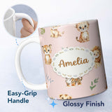 Personalized Custom Name Cute Baby Jungle Animals with Leaves on Blush Pink Background Lovely 11oz Ceramic Coffee Tea Mug White Large Handle