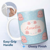 Personalized Custom Name Cute Pink Octopus Cartoon Sea Animal Pattern Charming Kitchen Decor 11oz Ceramic Coffee Tea Mug White Large Handle