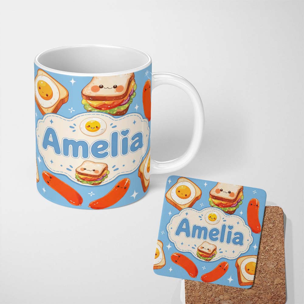 Personalized Custom Name Kawaii Breakfast Eggs Sausage and Sandwich Blue Seamless Pattern 11oz Ceramic Coffee Tea Mug White Large Handle
