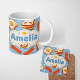 Personalized Custom Name Kawaii Breakfast Eggs Sausage and Sandwich Blue Seamless Pattern 11oz Ceramic Coffee Tea Mug White Large Handle