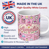 Personalized Custom Name Cute Kawaii Graduation School Science Art Supplies Pattern Pink 11oz Ceramic Coffee Tea Mug White Large Handle