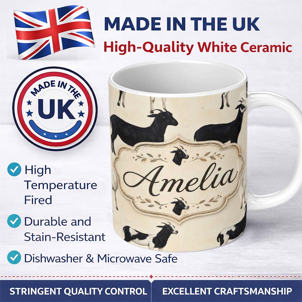 Personalized Custom Name Minimal Goat Farm Animal Illustration Soft Neutral Seamless Pattern 11oz Ceramic Coffee Tea Mug White Large Handle