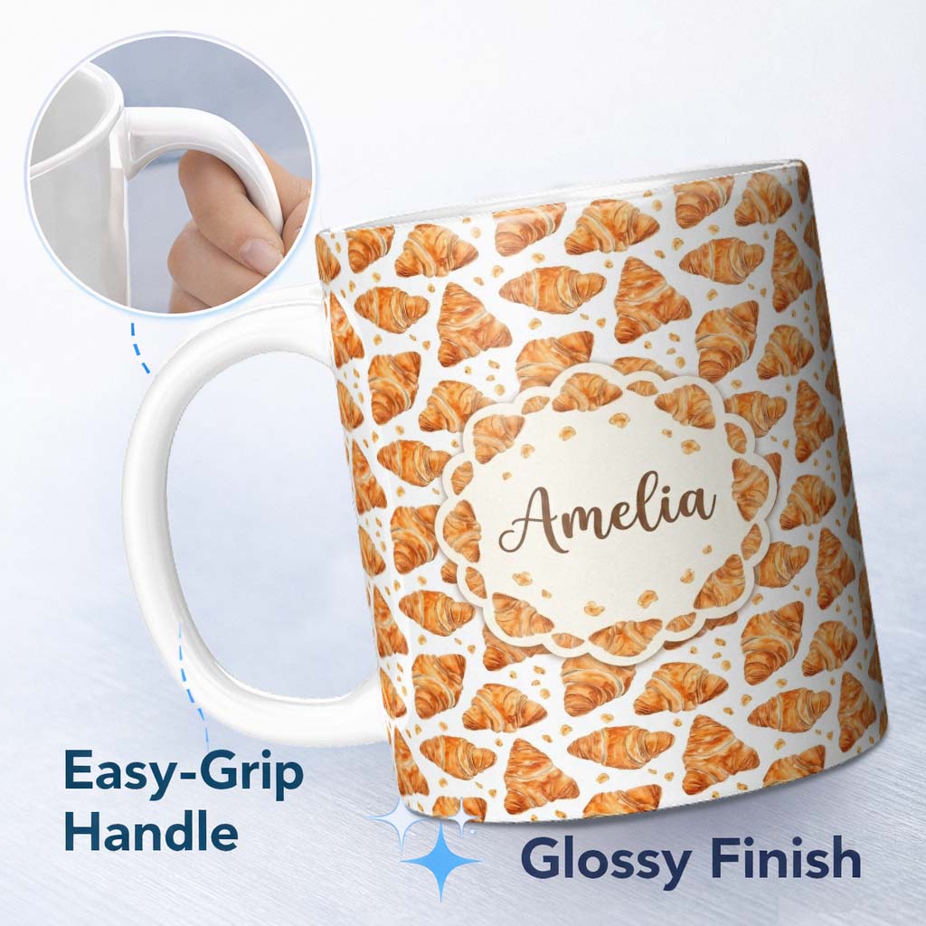 Personalized Custom Name Realistic Croissant Pastry White Background Food Photography Style 11oz Ceramic Coffee Tea Mug White Large Handle