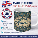 Personalized Custom Name Blue Abstract Spider Web Texture Seamless Pattern Cute Unique Gift 11oz Ceramic Coffee Tea Mug White Large Handle
