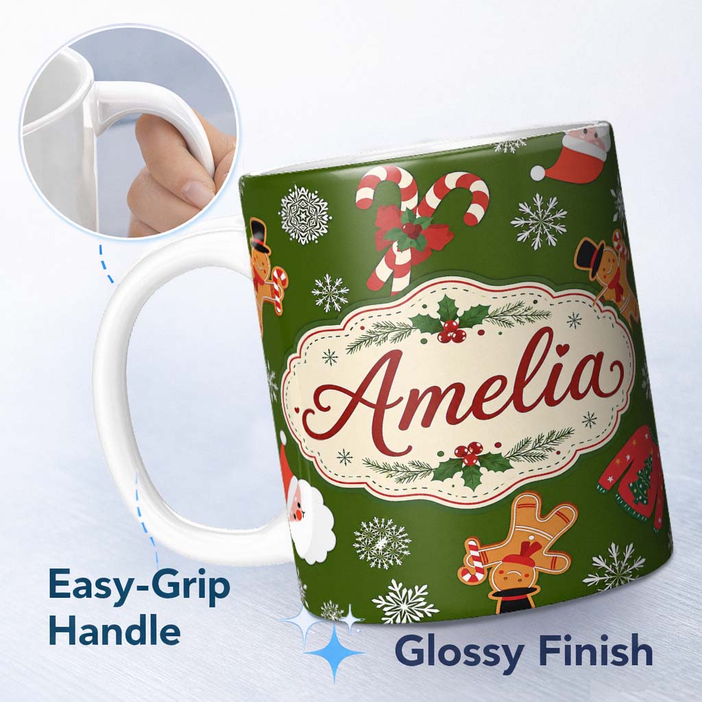Personalized Custom Name Cute Cartoon Reindeer Gingerbread Candy Cane Festive Seamless Lovely 11oz Ceramic Coffee Tea Mug White Large Handle