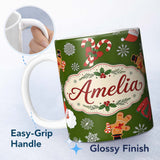 Personalized Custom Name Cute Cartoon Reindeer Gingerbread Candy Cane Festive Seamless Lovely 11oz Ceramic Coffee Tea Mug White Large Handle
