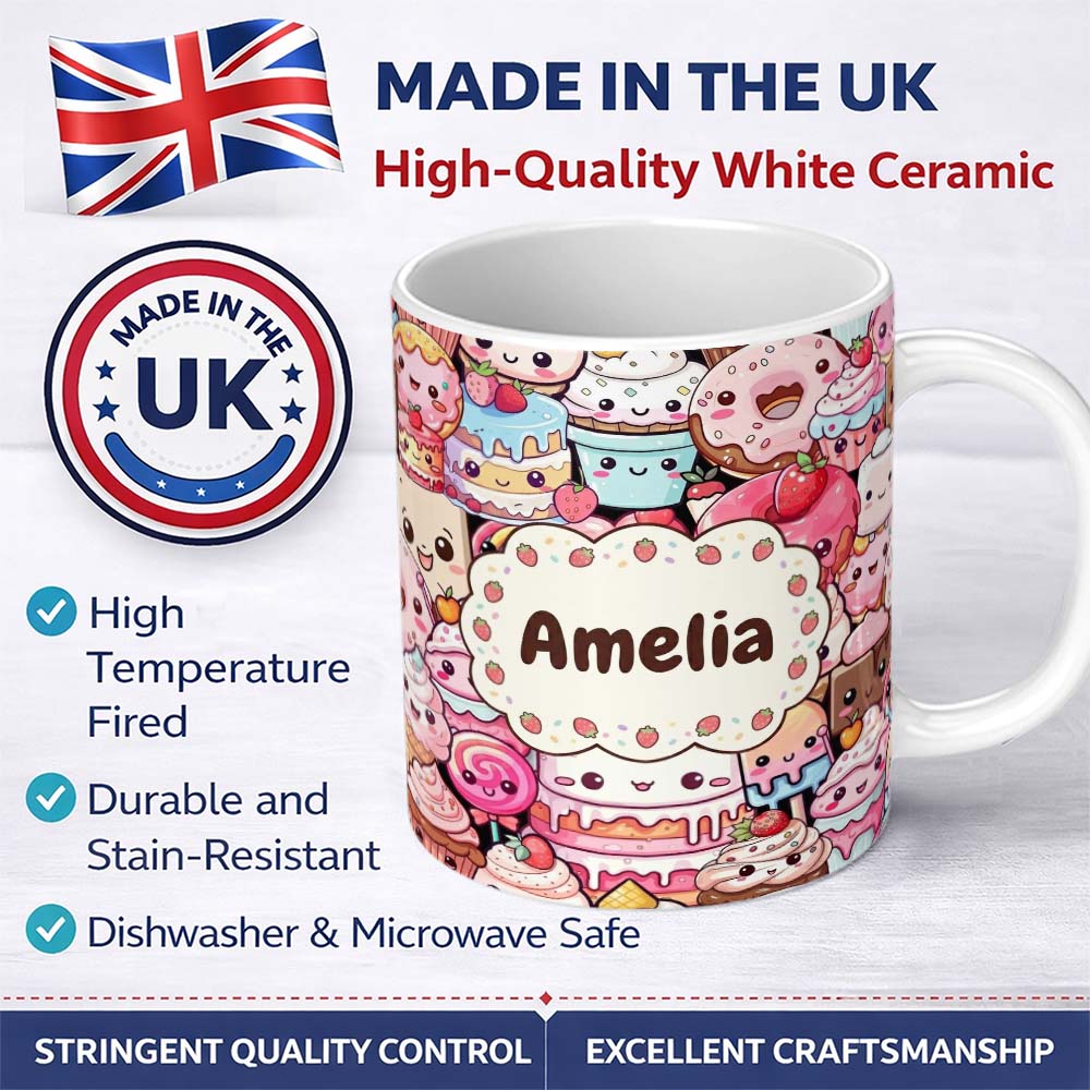 Personalized Custom Name Cute Cartoon Cakes Donuts and Milkshakes with Pastel Colors Seamless 11oz Ceramic Coffee Tea Mug White Large Handle