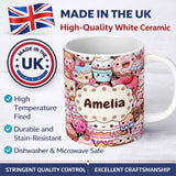 Personalized Custom Name Cute Cartoon Cakes Donuts and Milkshakes with Pastel Colors Seamless 11oz Ceramic Coffee Tea Mug White Large Handle