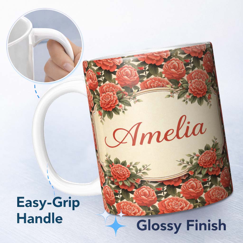 Personalized Custom Name Vintage Red Flower Botanical Seamless Pattern Beautiful Coffee Cup 11oz Ceramic Coffee Tea Mug White Large Handle