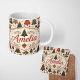 Personalized Custom Name Vintage Christmas Tree Ornament Festive Seamless Pattern Lovely 11oz Ceramic Coffee Tea Mug White Large Handle