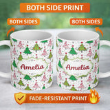 Personalized Custom Name Hand Drawn Christmas Trees with Stars Dots and Swirls Cute Seamless 11oz Ceramic Coffee Tea Mug White Large Handle