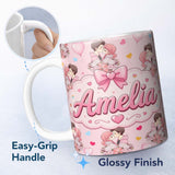 Personalized Custom Name Romantic Couple Kissing Floral Bouquet Hearts Pattern Pink Hearts 11oz Ceramic Coffee Tea Mug White Large Handle