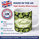 Personalized Custom Name Black Background Green Floral Botanical Seamless Pattern Lovely 11oz Ceramic Coffee Tea Mug White Large Handle
