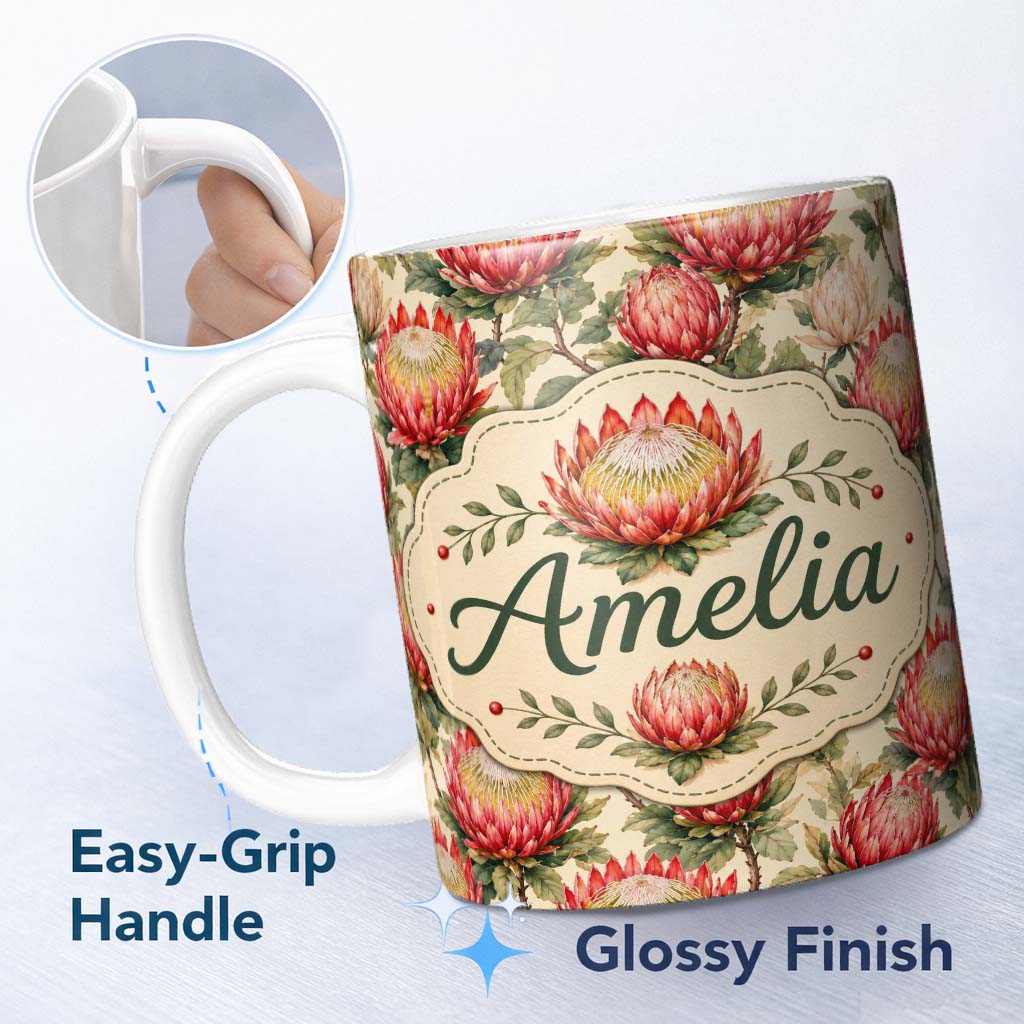 Personalized Custom Name Red and Cream Protea Floral Botanical Seamless Pattern Lovely 11oz Ceramic Coffee Tea Mug White Large Handle