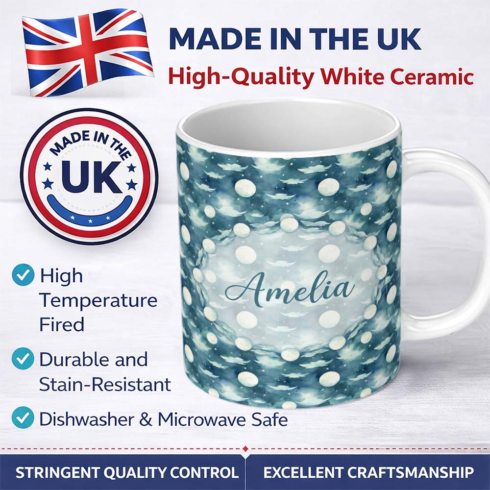Personalized Custom Name Dreamy Night Sky Clouds and Full Moon Seamless Pattern Lovely 11oz Ceramic Coffee Tea Mug White Large Handle