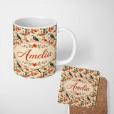Personalized Custom Name Blue and Red Birds with Floral Branch Garden Seamless Pattern Lovely 11oz Ceramic Coffee Tea Mug White Large Handle