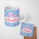 Personalized Custom Name Cute Pastel Unicorn Butterfly Candy Stars Blue Background Seamless 11oz Ceramic Coffee Tea Mug White Large Handle