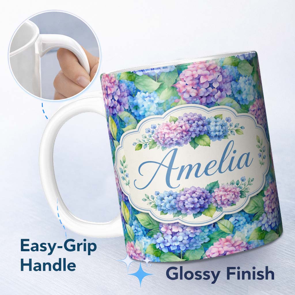 Personalized Custom Name Vibrant Blue Pink Hydrangea Garden Floral Seamless Pattern Lovely 11oz Ceramic Coffee Tea Mug White Large Handle