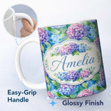 Personalized Custom Name Vibrant Blue Pink Hydrangea Garden Floral Seamless Pattern Lovely 11oz Ceramic Coffee Tea Mug White Large Handle