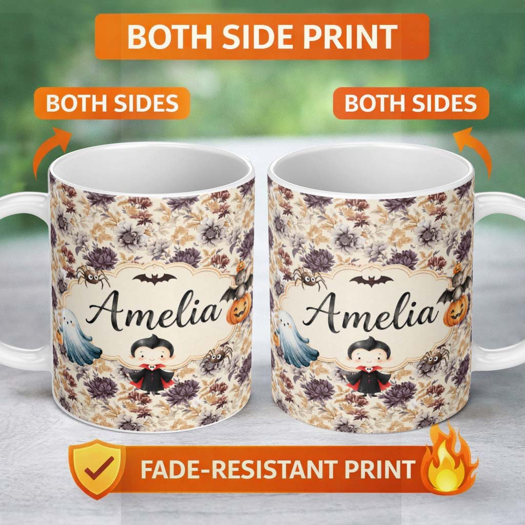 Personalized Custom Name Vintage Floral Chrysanthemum Flowers on Cream Background Seamless 11oz Ceramic Coffee Tea Mug White Large Handle