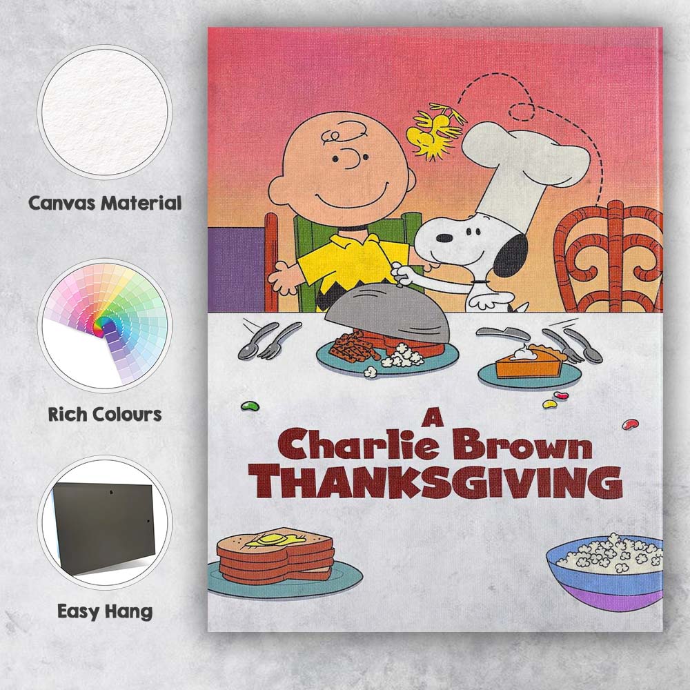 Pastel Cartoon Family Thanksgiving Dinner Illustration Artwork Canvas Wall Art Print Decor Picture Ready to Hang