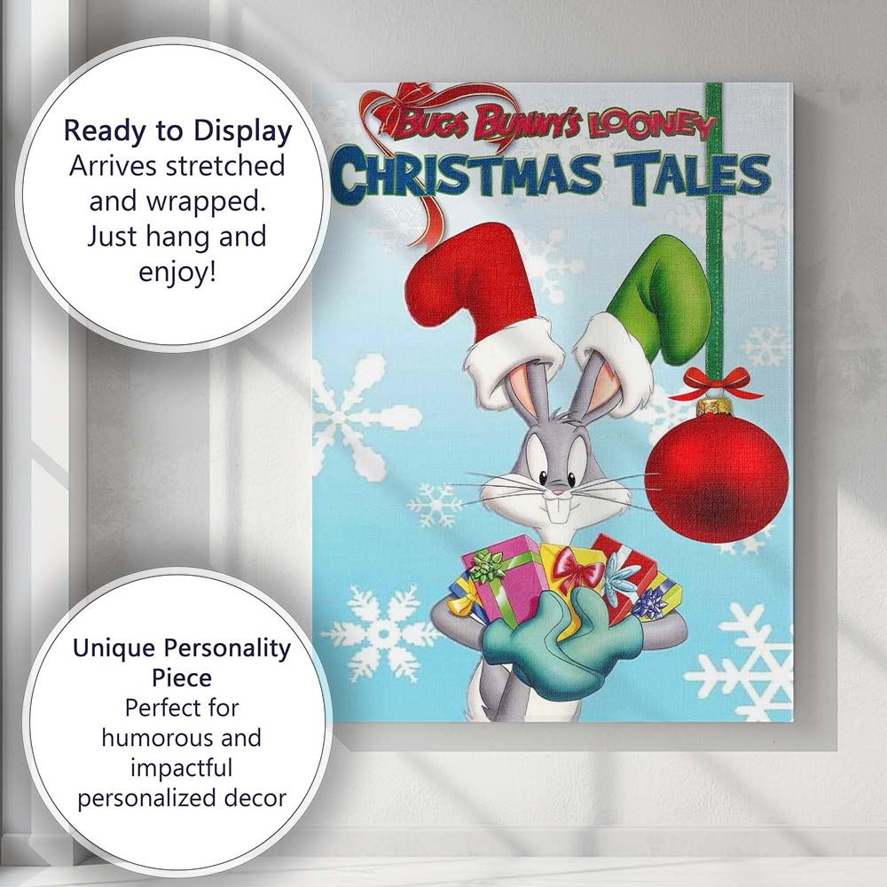 Festive Cartoon Rabbit Christmas Gifts Snowflake Illustration Canvas Wall Art Print Decor Picture Ready to Hang