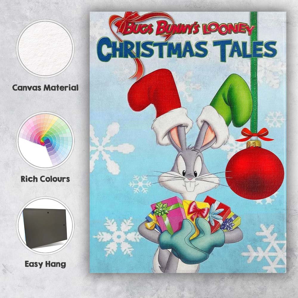 Festive Cartoon Rabbit Christmas Gifts Snowflake Illustration Canvas Wall Art Print Decor Picture Ready to Hang