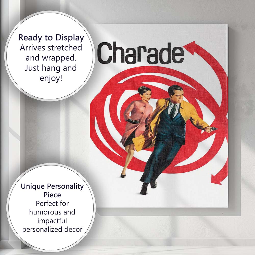 Retro Spy Thriller Couple Action Illustration Red Swirl Graphic Canvas Wall Art Print Decor Picture Ready to Hang