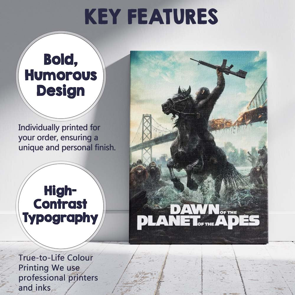 Apocalyptic Ape Warrior on Rearing Black Horse Burning Bridge Action Fantasy Canvas Wall Art Print Decor Picture Ready to Hang