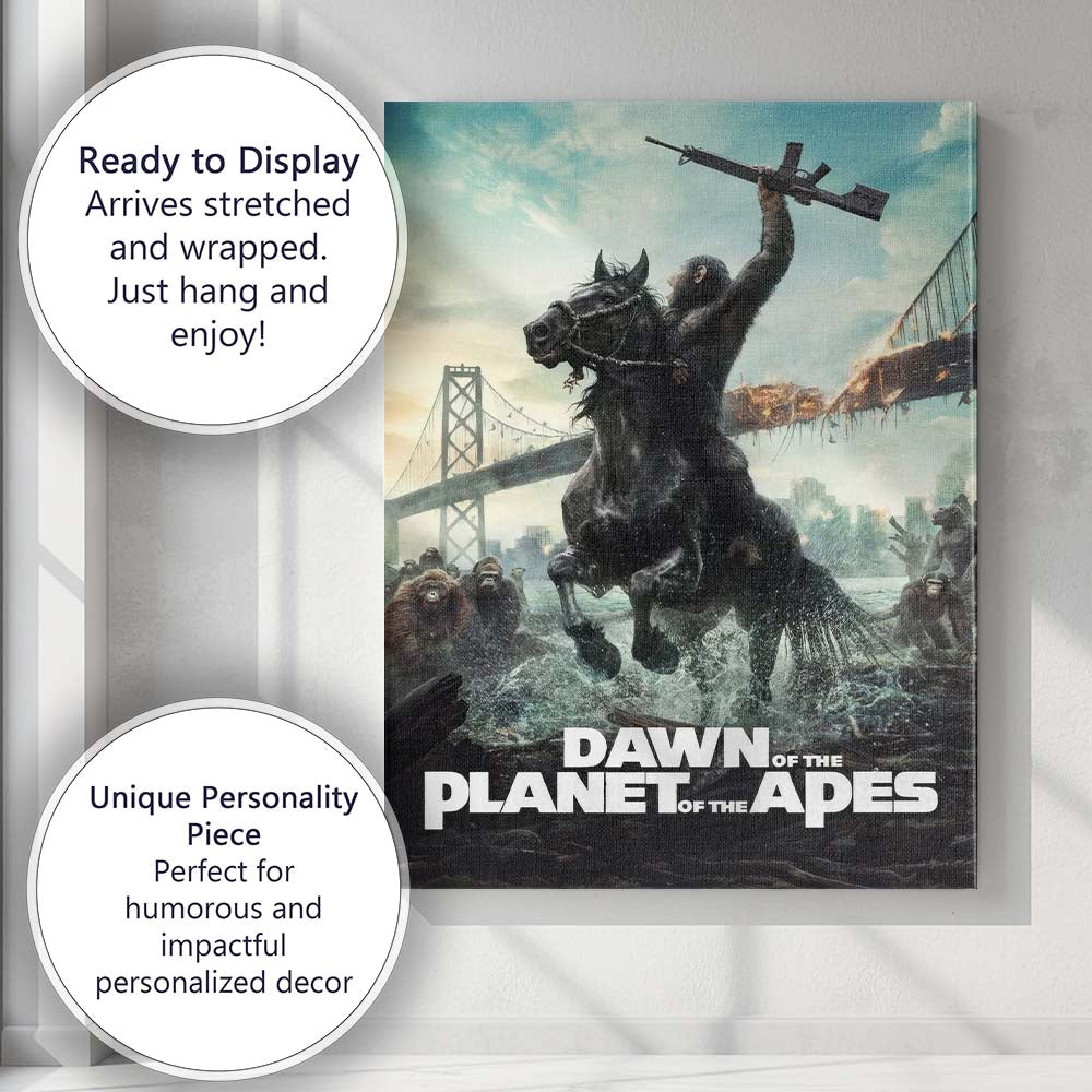 Apocalyptic Ape Warrior on Rearing Black Horse Burning Bridge Action Fantasy Canvas Wall Art Print Decor Picture Ready to Hang