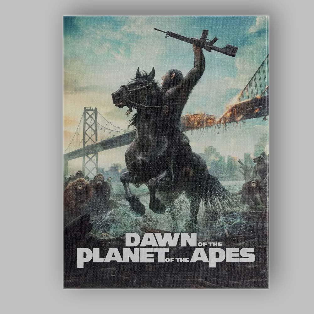 Apocalyptic Ape Warrior on Rearing Black Horse Burning Bridge Action Fantasy Canvas Wall Art Print Decor Picture Ready to Hang