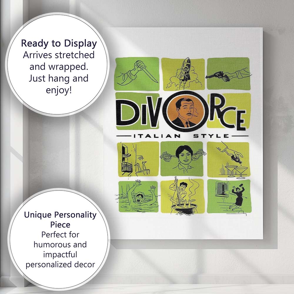 Retro Italian Crime Cinema Graphic Panels Lime Green Illustration Canvas Wall Art Print Decor Picture Ready to Hang