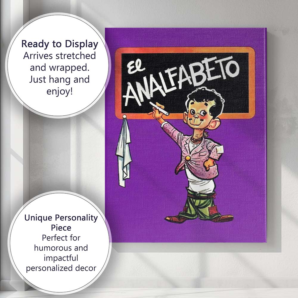 Retro Classroom Cartoon Teacher Blackboard Illustration Purple Background Canvas Wall Art Print Decor Picture Ready to Hang