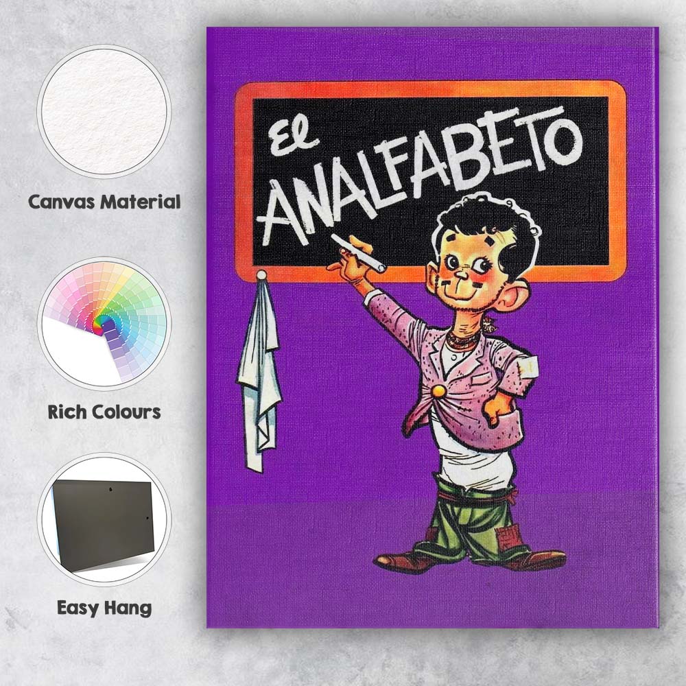 Retro Classroom Cartoon Teacher Blackboard Illustration Purple Background Canvas Wall Art Print Decor Picture Ready to Hang