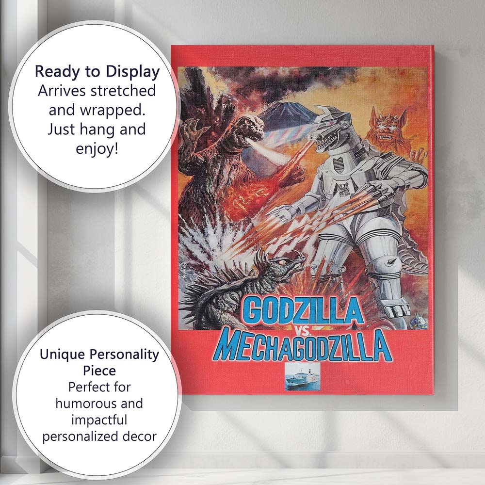 Retro Japanese Monster Battle Science Fiction Action Illustration Canvas Wall Art Print Decor Picture Ready to Hang