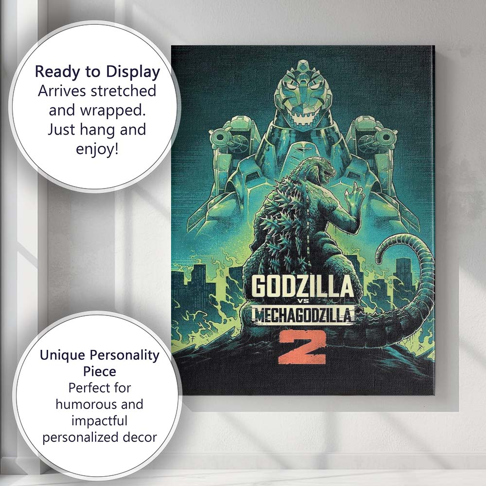 Godzilla And Mechagodzilla Retro Sci Fi Monster Battle Artwork Canvas Wall Art Print Decor Picture Ready to Hang