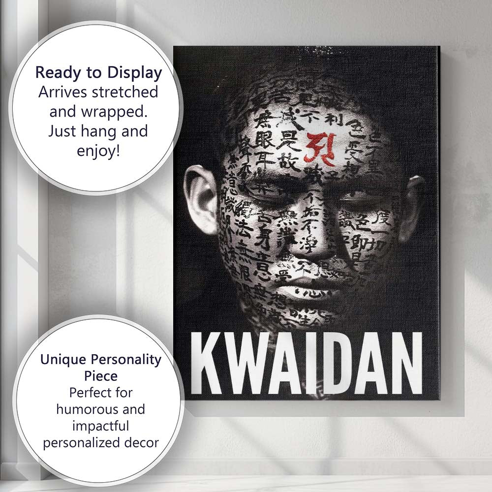 Black and White Japanese Calligraphy Face Portrait Dramatic Artwork Canvas Wall Art Print Decor Picture Ready to Hang