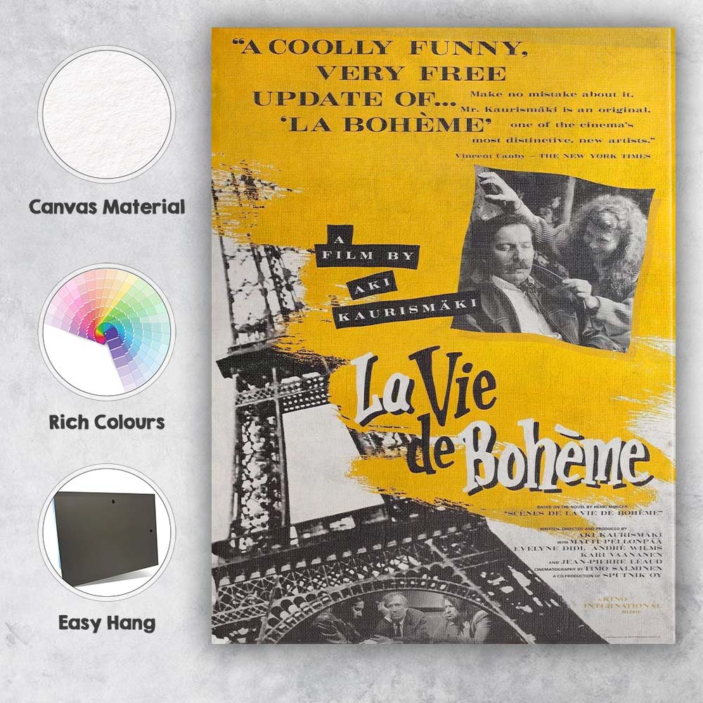 Bold Yellow French Bohemian Cinema Collage Retro Eiffel Tower Graphic Canvas Wall Art Print Decor Picture Ready to Hang