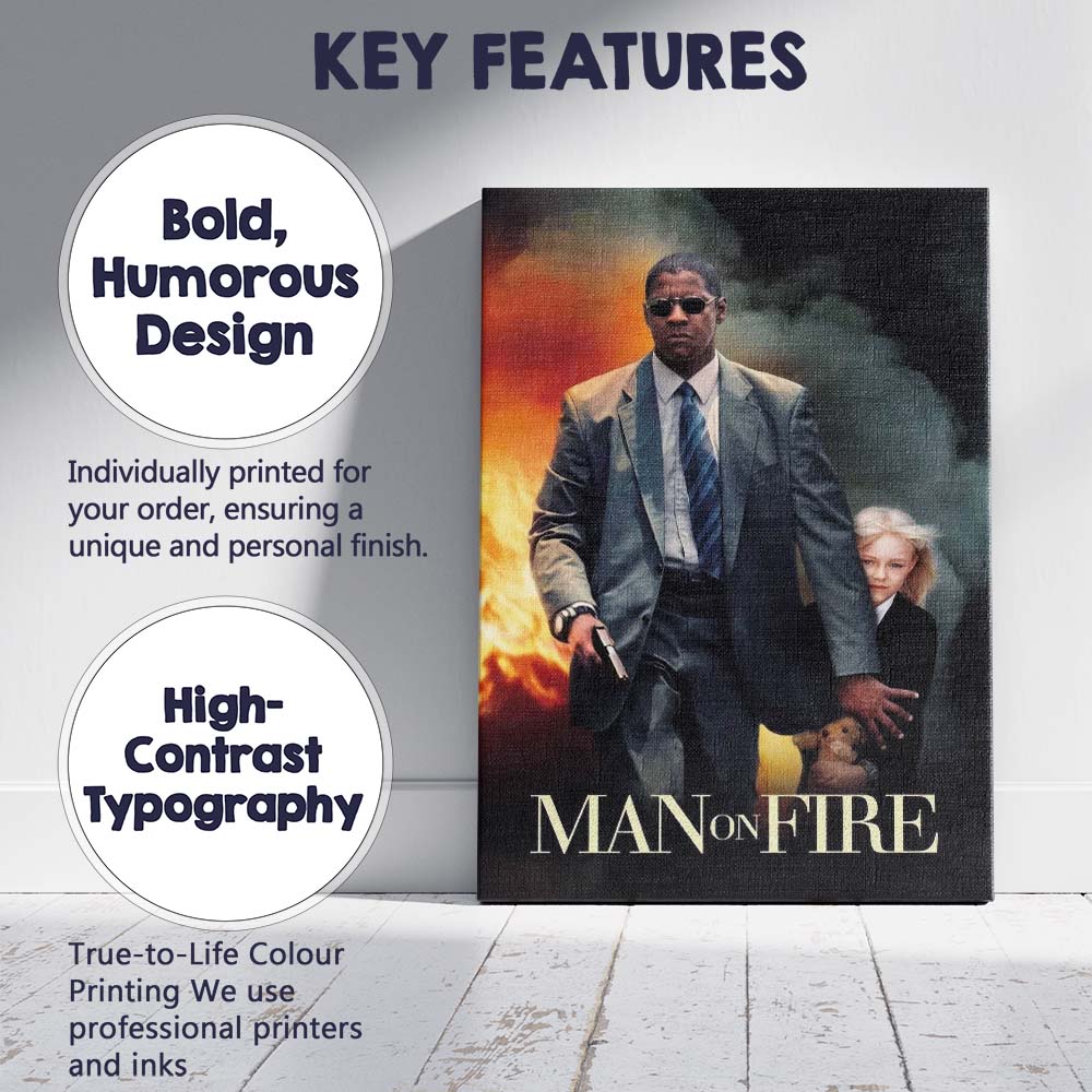 Action Thriller Bodyguard Protecting Young Girl Fire and Smoke Cinematic Canvas Wall Art Print Decor Picture Ready to Hang