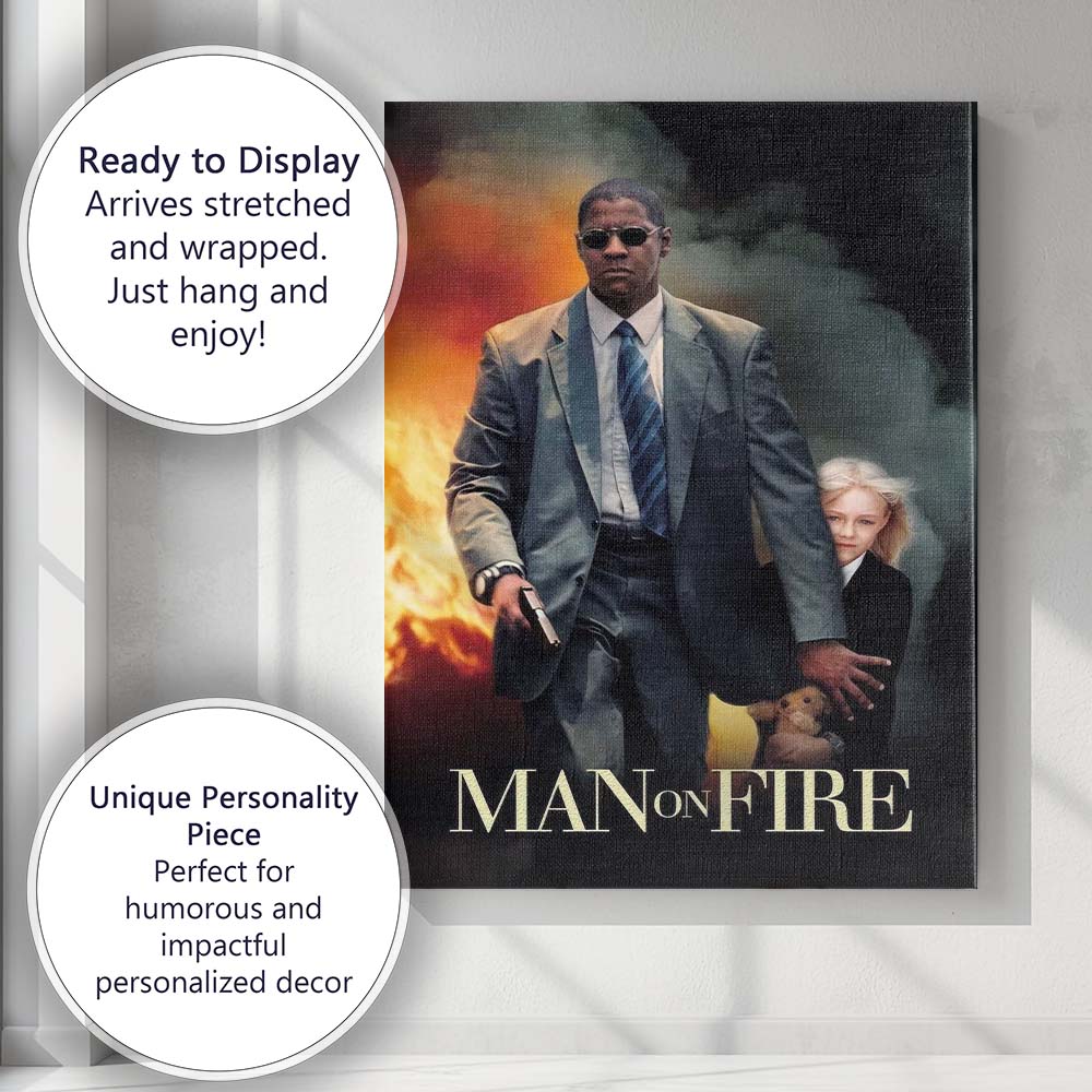 Action Thriller Bodyguard Protecting Young Girl Fire and Smoke Cinematic Canvas Wall Art Print Decor Picture Ready to Hang
