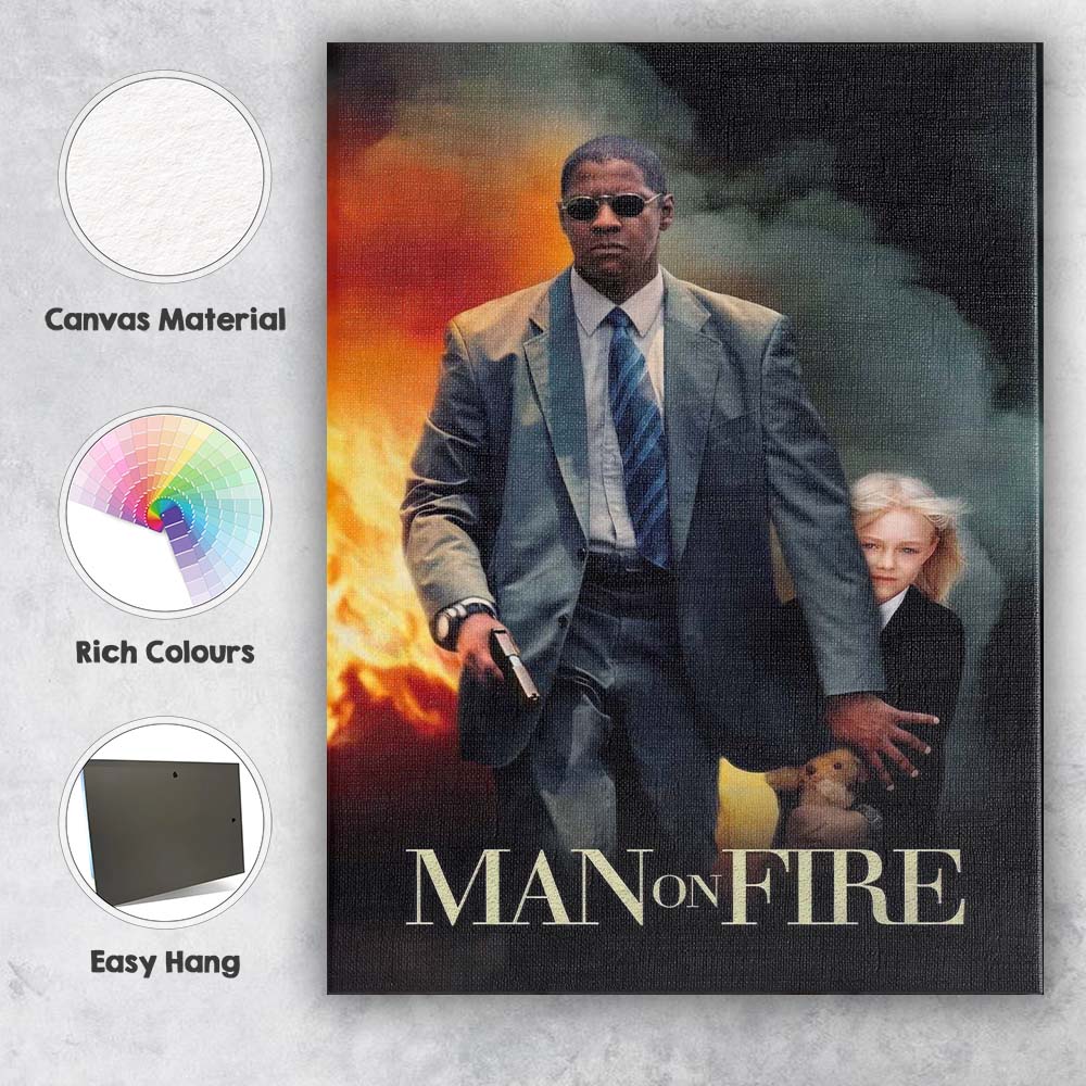 Action Thriller Bodyguard Protecting Young Girl Fire and Smoke Cinematic Canvas Wall Art Print Decor Picture Ready to Hang