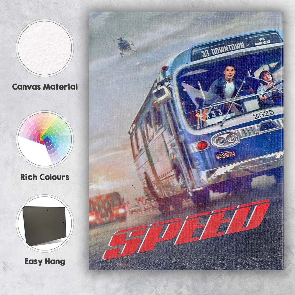 Blue Action Bus Chase Thriller Movie Poster Cinematic Urban Adventure Canvas Wall Art Print Decor Picture Ready to Hang