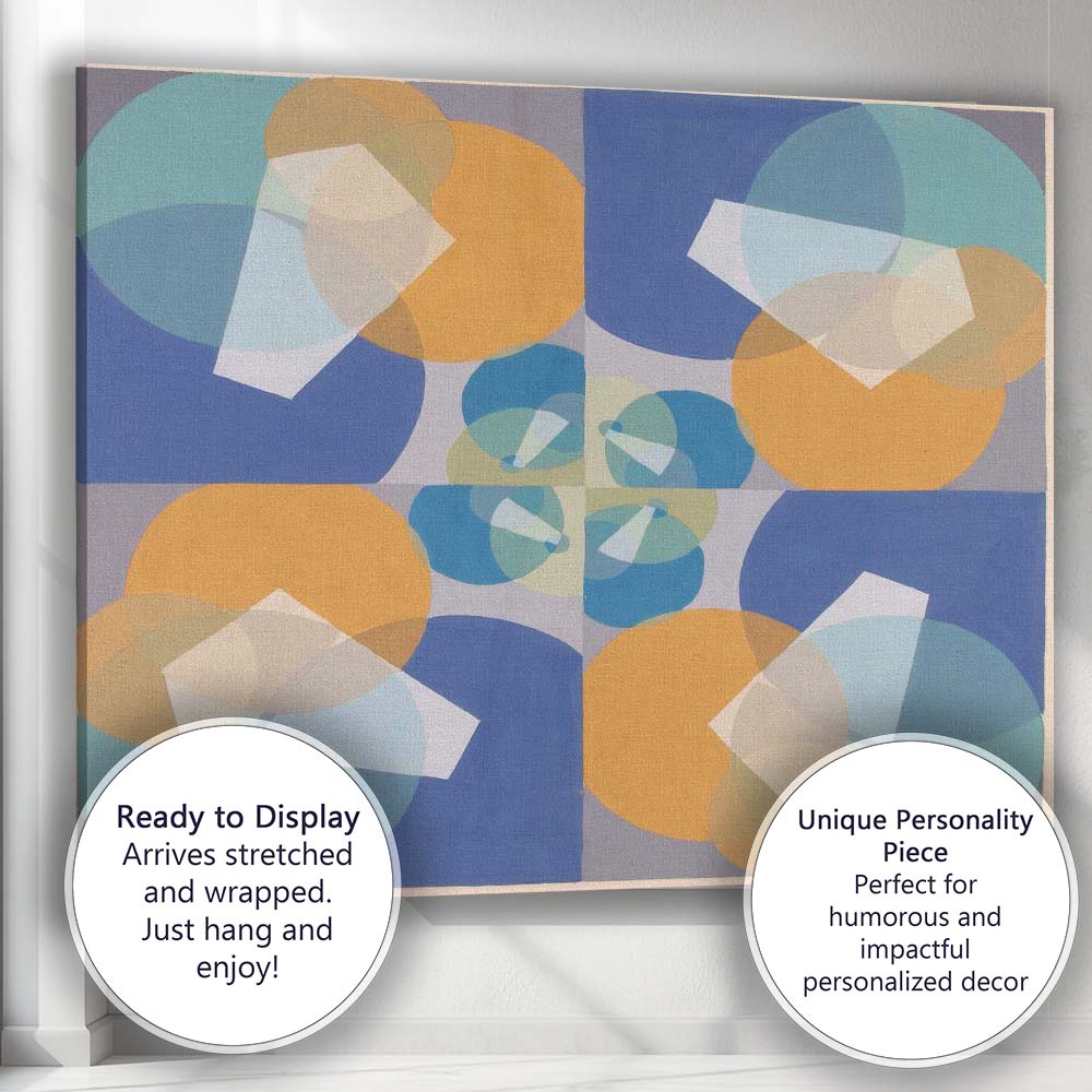 Blue and Ochre Geometric Circles Mid Century Abstract Composition Canvas Wall Art Print Decor Picture Ready to Hang