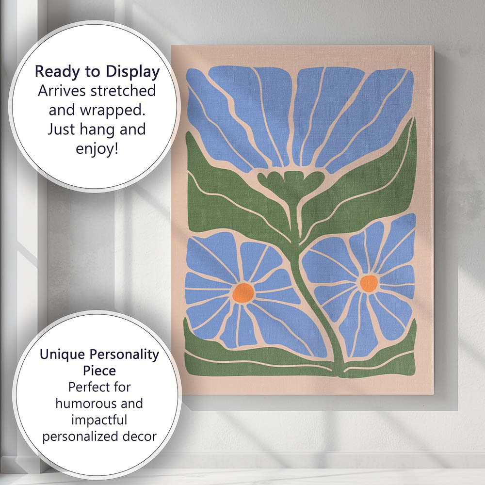 Pastel Blue Floral Botanical Folk Art Illustration Canvas Wall Art Print Decor Picture Ready to Hang